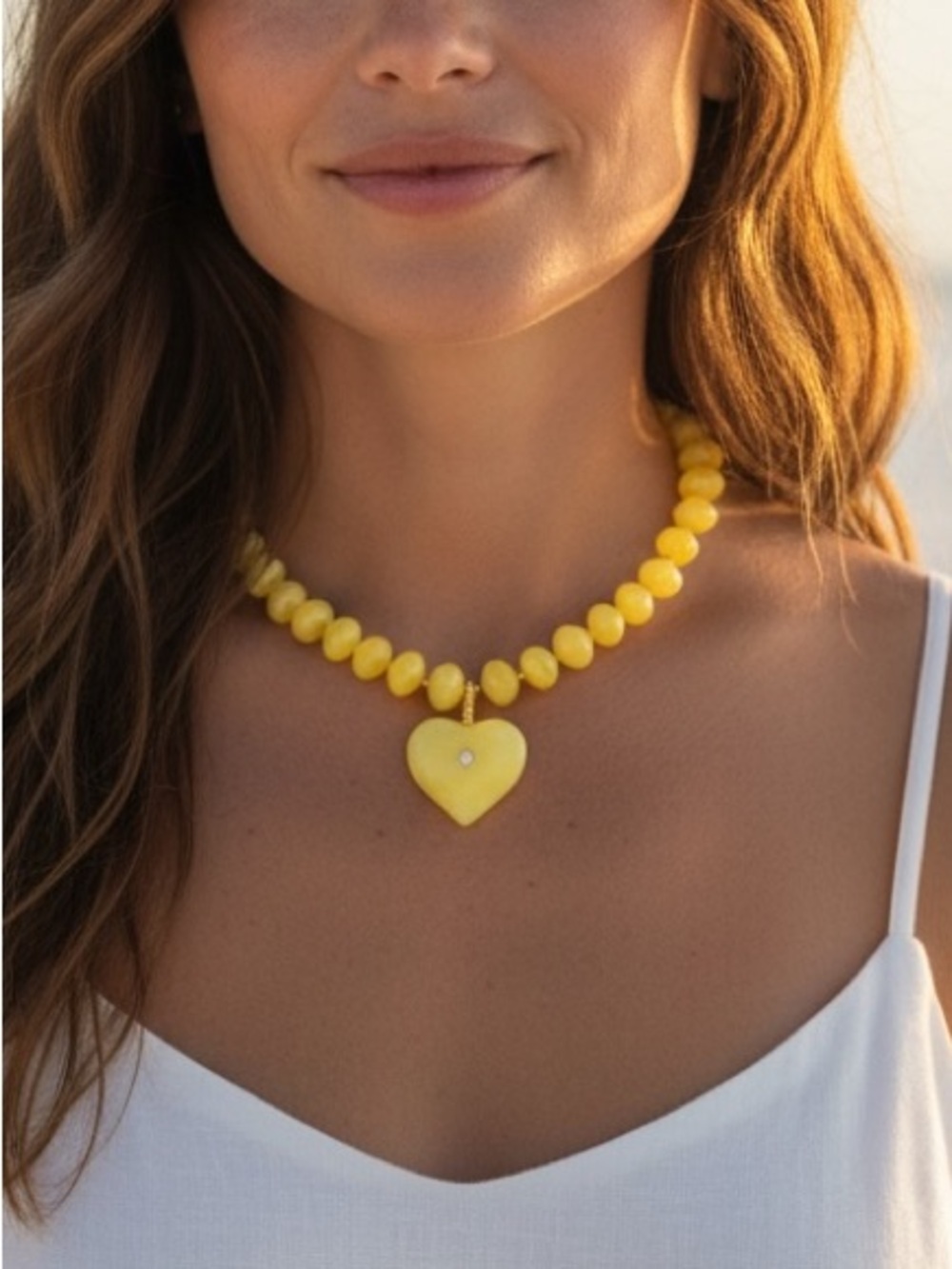 New! Yellow Dopamine Beaded Necklace with Heart Pendant